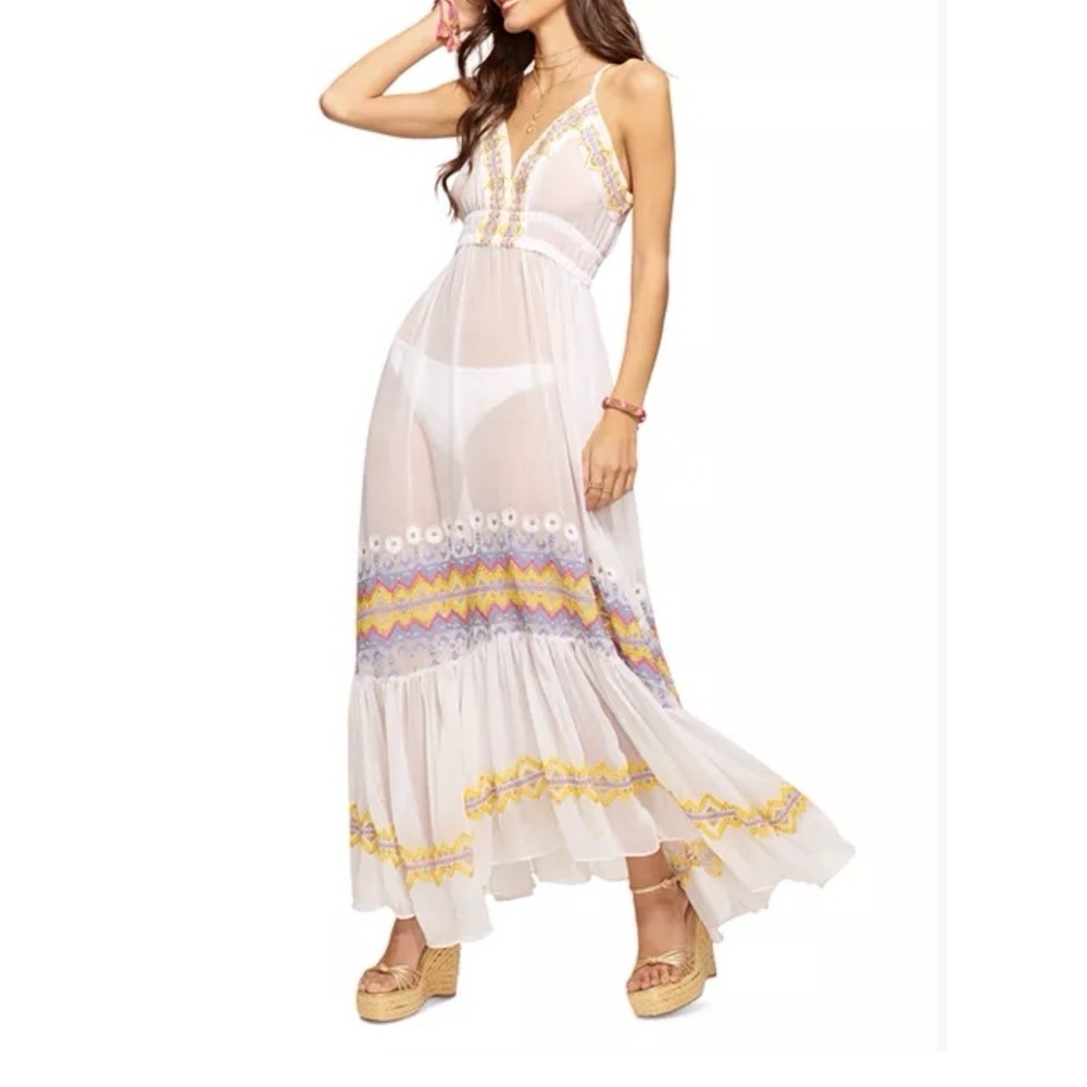 Ramy Brook Sienna White Embroidered Sheer Swim Cover-Up Maxi Dress Sz S NWT $395